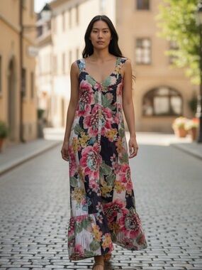Johnny Was Navy Floral Maxi Dress with Pink, Mint & Yellow Blooms